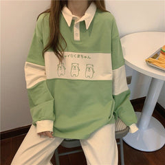 Vintage POLO Collar Letters Print Oversized Sweatshirt Women Girls Harajuku New Autumn Korean Kawaii Clothes Pullovers