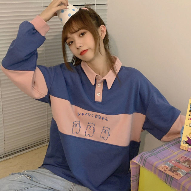 Vintage POLO Collar Letters Print Oversized Sweatshirt Women Girls Harajuku New Autumn Korean Kawaii Clothes Pullovers
