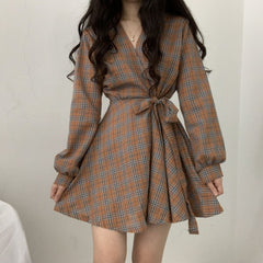 New Autumn Long Sleeve Dress Women Preppy Style Bow Palid V-neck Mini Plaid Dresses Korean High Waist Short Dress Elegant