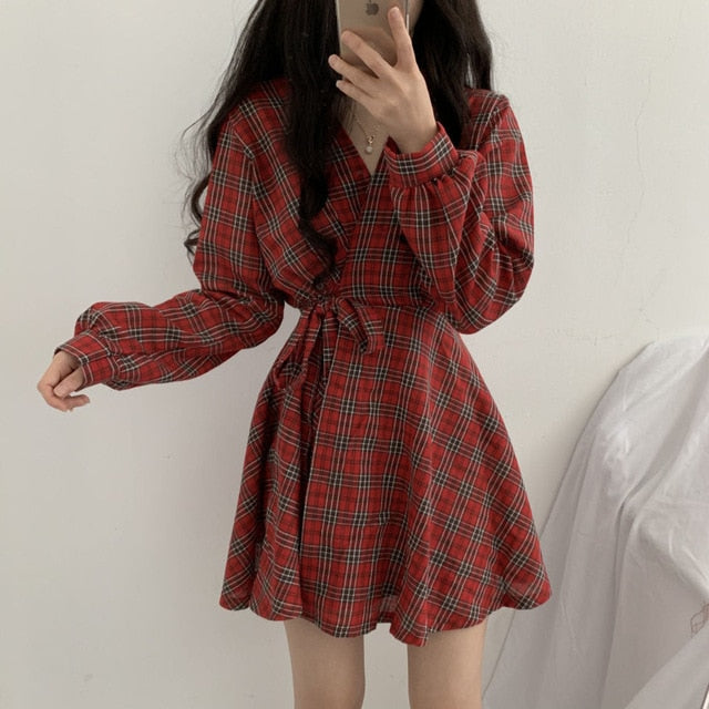 New Autumn Long Sleeve Dress Women Preppy Style Bow Palid V-neck Mini Plaid Dresses Korean High Waist Short Dress Elegant