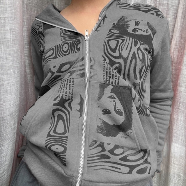 Y2K Aesthetic Women Hoodies with Pockets 90s Vintage Graphic Printed Zipper Closure Coat Top E-girl Sweatshirts Spring Autumn