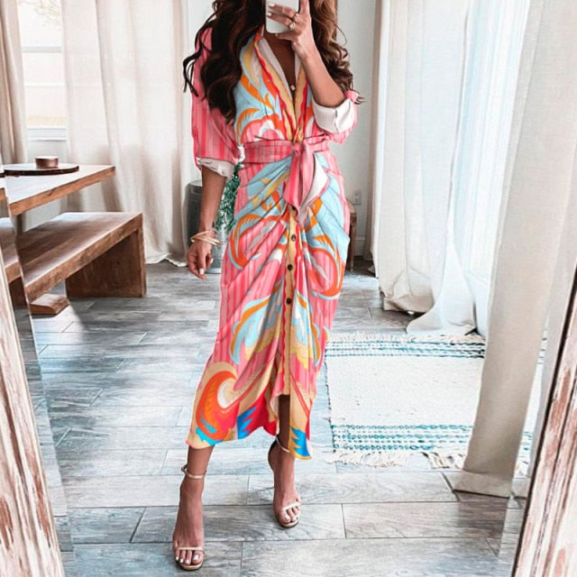 Women Summer Elegant Button Ruched Bandage Shirt Dress Fashion Casual Short Sleeve Solid V Neck Beach Maxi Dress