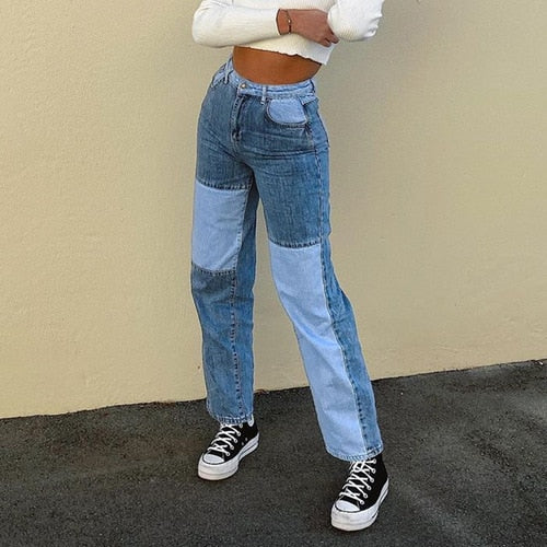 Boyfriend Jeans for Women Loose Patchwork High Waist Trousers Pockets Female Mom Wide Leg Denim Pants Ripped Straight  Jeans
