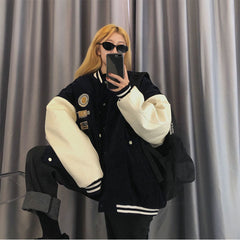 Contrasting Color Stitching Baseball Uniform Women Couple Students  Spring Autumn New Retro Jacket Corduroy Coat Tide 31