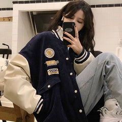 Contrasting Color Stitching Baseball Uniform Women Couple Students  Spring Autumn New Retro Jacket Corduroy Coat Tide 31