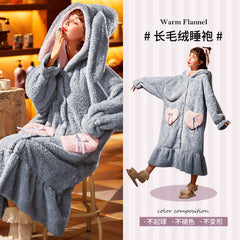 Women Nightgown Winter Flannel Sweet Hooded Sleepshirts Female Warm Cute Casual Loose Cozy Thicker Mid-calf Fashion Soft Chic