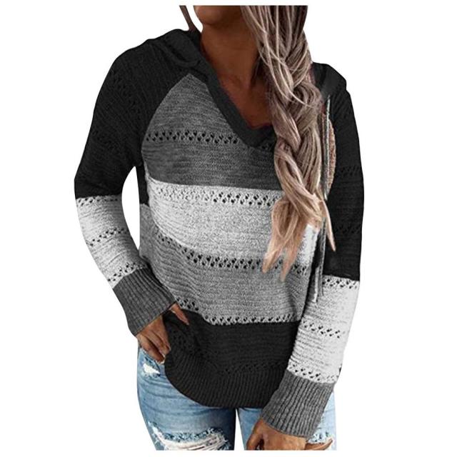 Spring Tops Women's Pullovers New Fashion Patchwork Hooded Ladies Hoodies Long Sleeves Casual Clothing V-Neck Female Sweatshirt