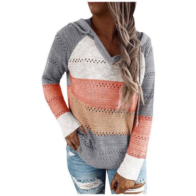 Spring Tops Women's Pullovers New Fashion Patchwork Hooded Ladies Hoodies Long Sleeves Casual Clothing V-Neck Female Sweatshirt