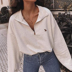 Lizakosht Vintage Women Sweatshirt Autumn Casual Loose Solid White Zip Up Polo Collar Basic Winter Female Oversized Tops Pullover Hoodies