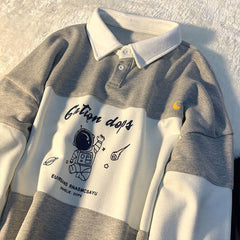 Vintage POLO Collar Letters Print Oversized Sweatshirt Women for Teen Girls Harajuku New Spring Korean Kawaii Clothes Pullovers