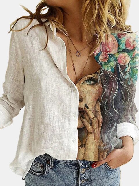 Lizakosht  Fashion Retro Portrait Floral Print Women Shirt  Autumn Stitching Button Long Sleeve Cotton Linen Blouses Casual Street Lady Top