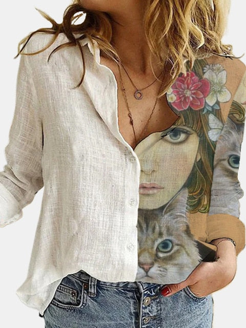 Lizakosht  Fashion Retro Portrait Floral Print Women Shirt  Autumn Stitching Button Long Sleeve Cotton Linen Blouses Casual Street Lady Top