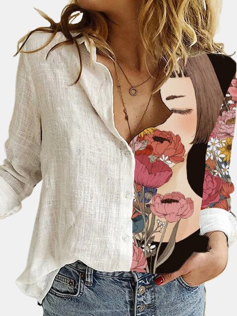 Lizakosht  Fashion Retro Portrait Floral Print Women Shirt  Autumn Stitching Button Long Sleeve Cotton Linen Blouses Casual Street Lady Top