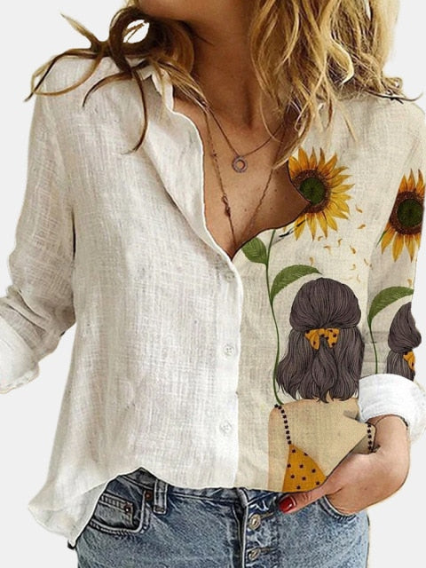 Lizakosht  Fashion Retro Portrait Floral Print Women Shirt  Autumn Stitching Button Long Sleeve Cotton Linen Blouses Casual Street Lady Top