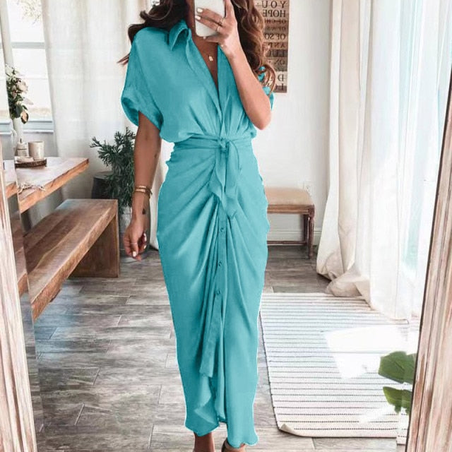 Women Summer Elegant Button Ruched Bandage Shirt Dress Fashion Casual Short Sleeve Solid V Neck Beach Maxi Dress