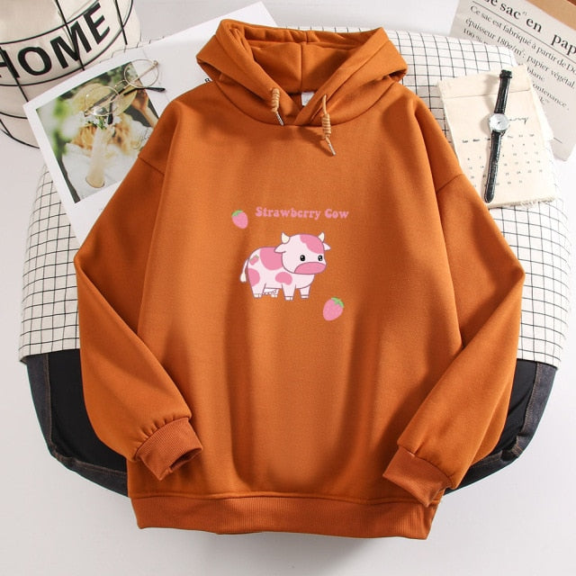Cow Print Kawaii Hoodie Strawberry Casual Pullover Oversized Sweatshirt Aesthetic Clothes for Women Funny Hoodies Sudadera Mujer