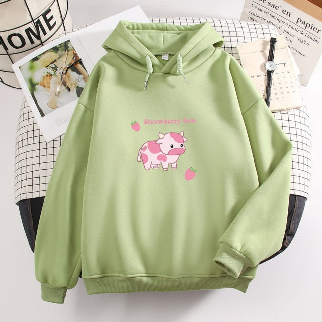 Cow Print Kawaii Hoodie Strawberry Casual Pullover Oversized Sweatshirt Aesthetic Clothes for Women Funny Hoodies Sudadera Mujer