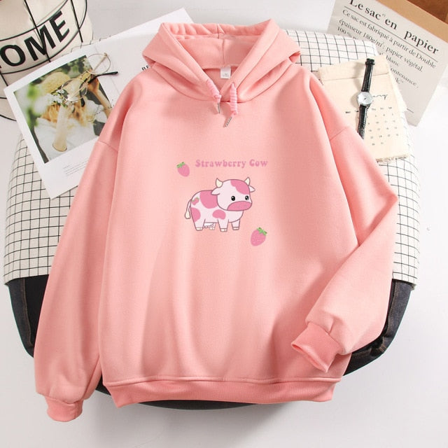 Cow Print Kawaii Hoodie Strawberry Casual Pullover Oversized Sweatshirt Aesthetic Clothes for Women Funny Hoodies Sudadera Mujer