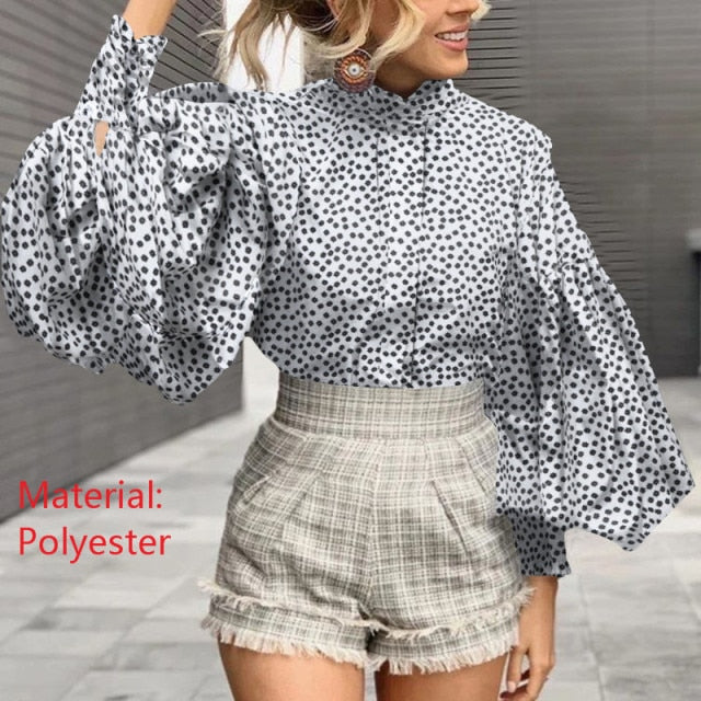 Lizakosht Fashion Women Big Lantern Sleeve Blouses Elegant Office Blusas Autumn Stand Collar Work Casual Solid Vintage Tops