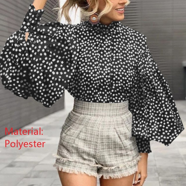 Lizakosht Fashion Women Big Lantern Sleeve Blouses Elegant Office Blusas Autumn Stand Collar Work Casual Solid Vintage Tops