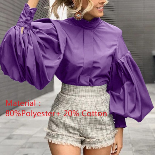 Lizakosht Fashion Women Big Lantern Sleeve Blouses Elegant Office Blusas Autumn Stand Collar Work Casual Solid Vintage Tops