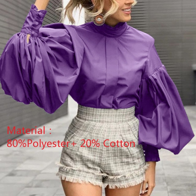 Lizakosht Fashion Women Big Lantern Sleeve Blouses Elegant Office Blusas 2021 Autumn Stand Collar Work Casual Solid Vintage Tops