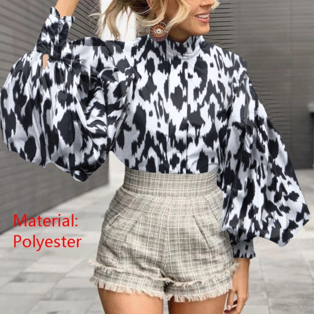 Lizakosht Fashion Women Big Lantern Sleeve Blouses Elegant Office Blusas Autumn Stand Collar Work Casual Solid Vintage Tops