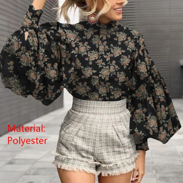 Lizakosht Fashion Women Big Lantern Sleeve Blouses Elegant Office Blusas Autumn Stand Collar Work Casual Solid Vintage Tops