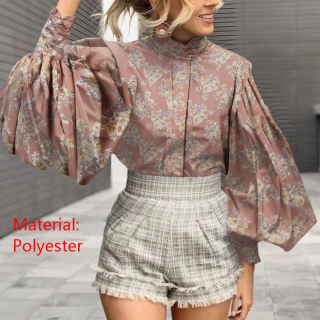 Lizakosht Fashion Women Big Lantern Sleeve Blouses Elegant Office Blusas Autumn Stand Collar Work Casual Solid Vintage Tops