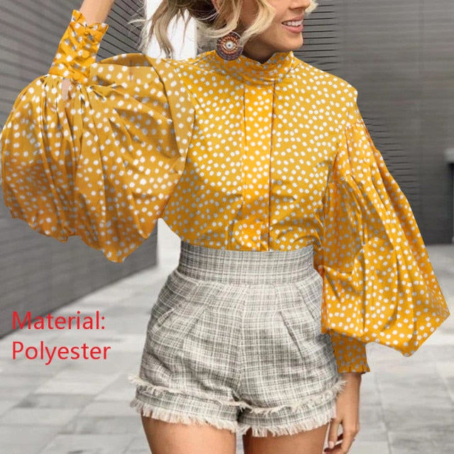 Lizakosht Fashion Women Big Lantern Sleeve Blouses Elegant Office Blusas Autumn Stand Collar Work Casual Solid Vintage Tops