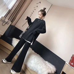 Western style knitted fashion suit women 2021 new trendy Korean temperament sweater wide leg pants casual two-piece suit
