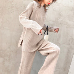 Western style knitted fashion suit women 2021 new trendy Korean temperament sweater wide leg pants casual two-piece suit