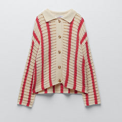 DiYiG WOMAN 2021 summer new women's sweet casual lapel long sleeve striped hollow knitted cardigan coat ZA