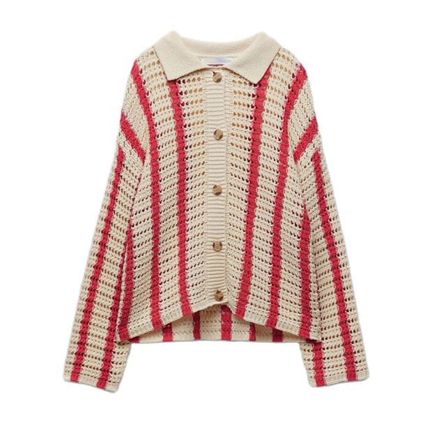 DiYiG WOMAN 2021 summer new women's sweet casual lapel long sleeve striped hollow knitted cardigan coat ZA