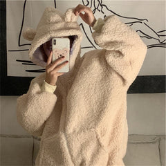 With Hat Hoodies Women Kawaii Ulzzang Zip-up Plus Velvet Winter Chic Fashion Preppy Girls Sweatshirt Popular Ladies Clothing Ins