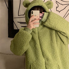 With Hat Hoodies Women Kawaii Ulzzang Zip-up Plus Velvet Winter Chic Fashion Preppy Girls Sweatshirt Popular Ladies Clothing Ins