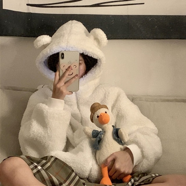 With Hat Hoodies Women Kawaii Ulzzang Zip-up Plus Velvet Winter Chic Fashion Preppy Girls Sweatshirt Popular Ladies Clothing Ins