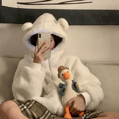 With Hat Hoodies Women Kawaii Ulzzang Zip-up Plus Velvet Winter Chic Fashion Preppy Girls Sweatshirt Popular Ladies Clothing Ins