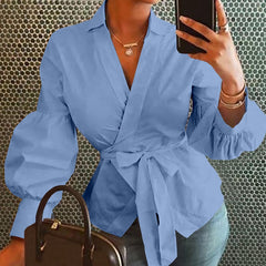 Celmia Fashion Women Tops and Blouse 2021 Vintage Lantern Sleeve Shirts Tunic Casual Loose V-Neck Elegant Blusas Feminina Belted