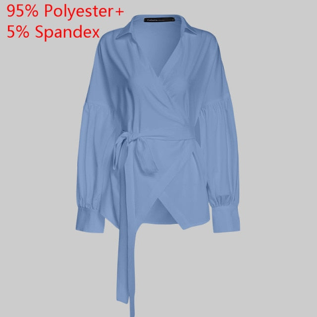 Celmia Fashion Women Tops and Blouse 2021 Vintage Lantern Sleeve Shirts Tunic Casual Loose V-Neck Elegant Blusas Feminina Belted
