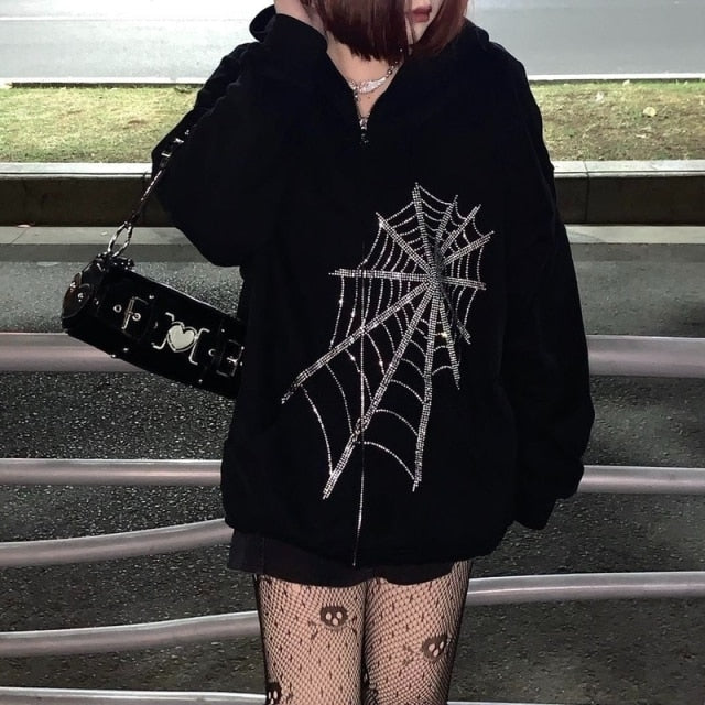 Y2K Gothic Sweatshirt Oversized Hoodie Women Autumn Zip Up Long Sleeve Coat Top Female 90S Vintage E-Harajuku Grunge Clothes