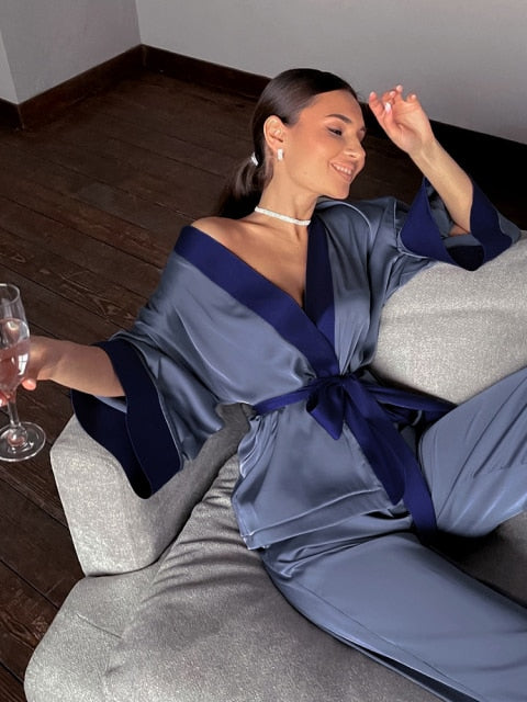 Lizakosht Solid Color Sleepwear Loose Flare Home Pants Three Quarter Sleeve Satin Robe Sets Bathrobe For Women Pajama Fashion Spring