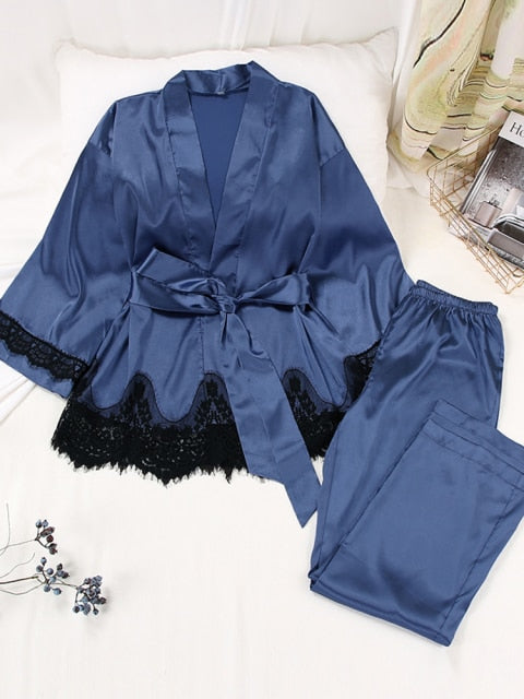 Lizakosht Solid Color Sleepwear Loose Flare Home Pants Three Quarter Sleeve Satin Robe Sets Bathrobe For Women Pajama Fashion Spring