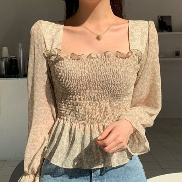 Sexy Blouse For Women Korean Floral Tops Square Collar Early Spring Autumn Halter Bubble Chiffon Shirt Light Green L B