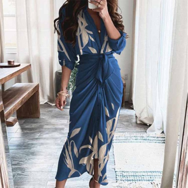 Women Summer Elegant Button Ruched Bandage Shirt Dress Fashion Casual Short Sleeve Solid V Neck Beach Maxi Dress