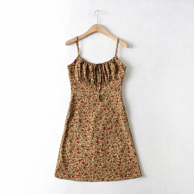 Lizakosht   Strap Sleeveless Print Boho Summer Dress Long Women Green Floral Yellow Dresses Sundress Vintage French Style Dress