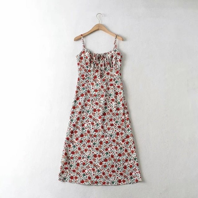 Lizakosht   Strap Sleeveless Print Boho Summer Dress Long Women Green Floral Yellow Dresses Sundress Vintage French Style Dress