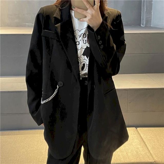 New Suit Jacket Women's Trendy Dark Black  Retro Loose And Thin Fried Street Suit Jacket Women 2021 Spring And Autumn Loose A