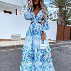 Beach Long Dress Sexy Hollow Out Boho Deep V Neck Summer Women's Dress 2021 Print Ruffle Party Long Sleeve Maxi Dresses Designer