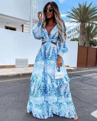 Beach Long Dress Sexy Hollow Out Boho Deep V Neck Summer Women's Dress 2021 Print Ruffle Party Long Sleeve Maxi Dresses Designer